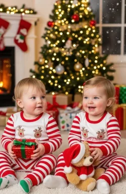 pngtree twin babies in matching pajamas with christmas tree and fireplace image 21140892